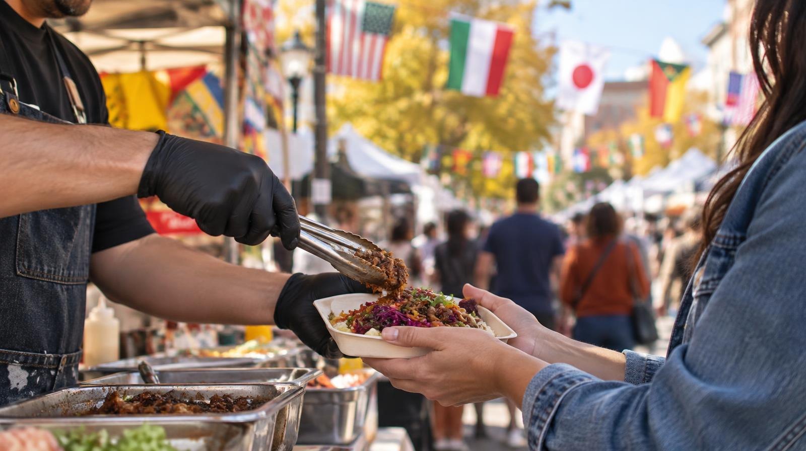 Colorful outdoor street festival with vendor booths and international flags overhead.