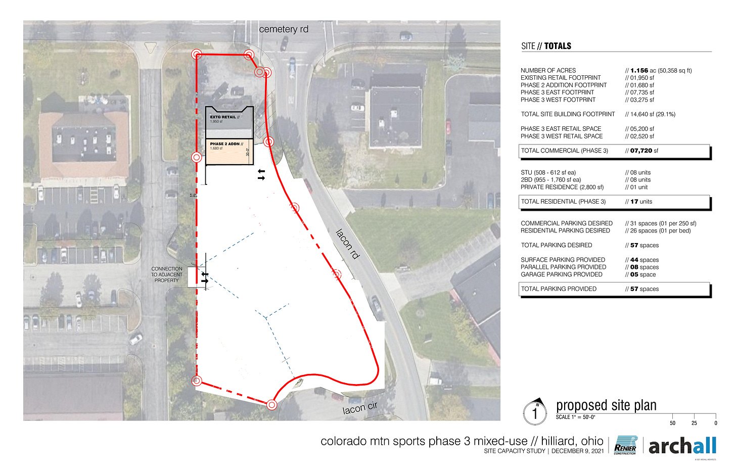 Aerial site plan overlay showing proposed building footprints and parking at a triangular road intersection.