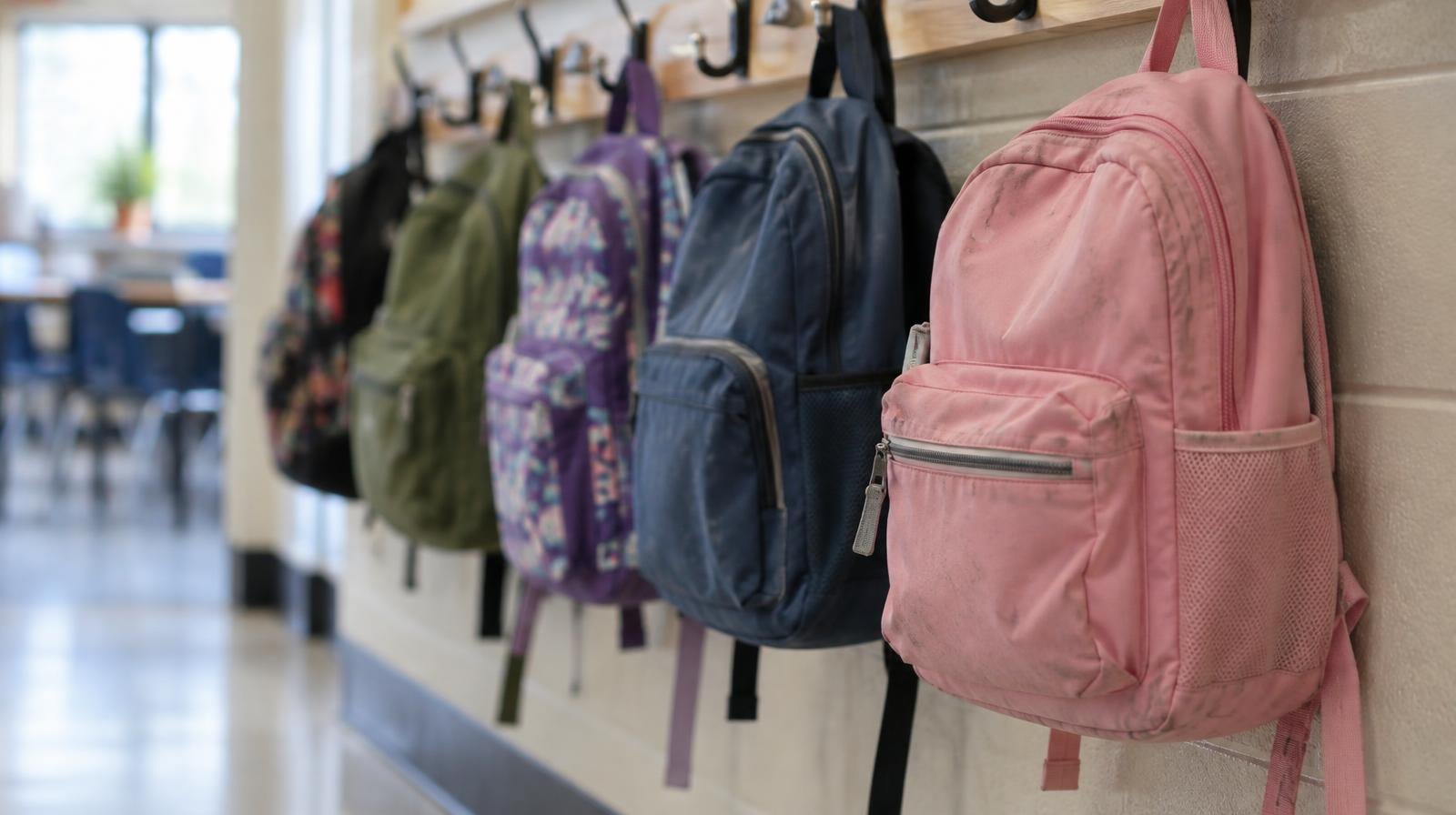 Colorful student backpacks hanging on a row of hooks along a school hallway wall.