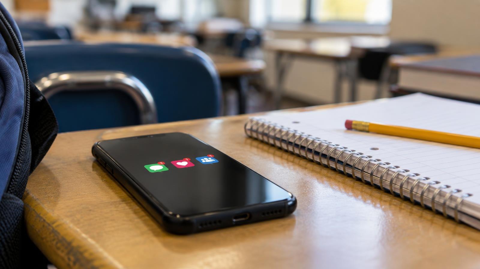 A smartphone face-up on a school desk next to a spiral notebook and pencil.