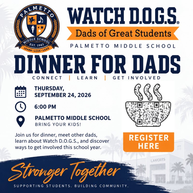 Event flyer for a Dinner for Dads school volunteer recruitment night.