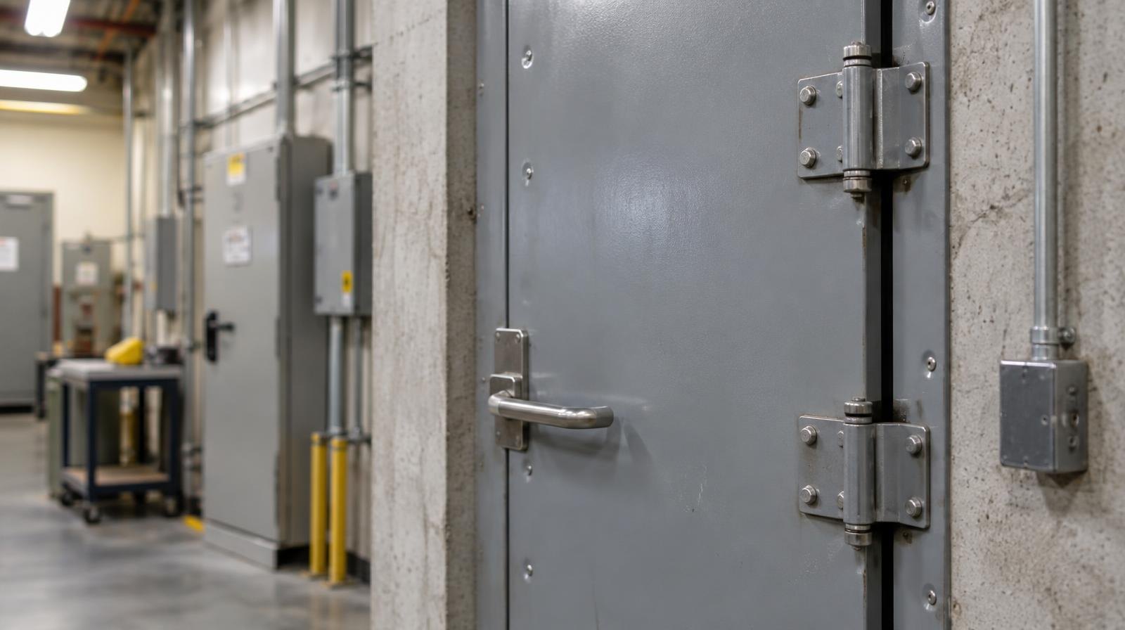 Heavy steel door of a reinforced concrete safe room inside an industrial building.