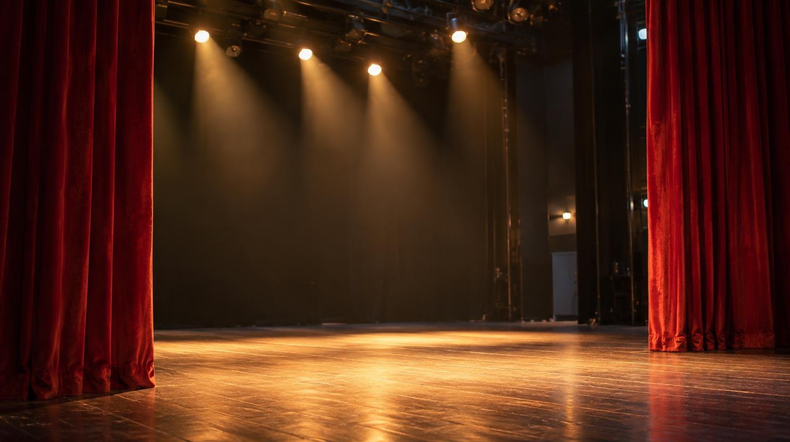 Empty wooden stage floor lit by warm spotlights with red curtains on either side.
