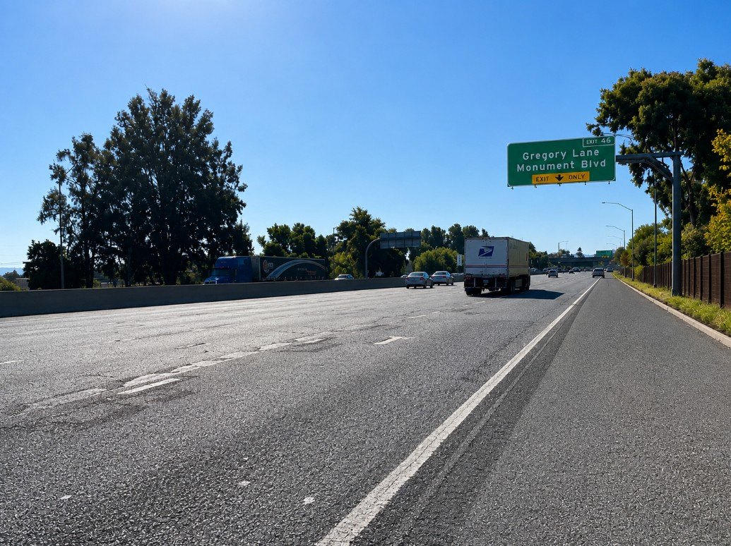 Multi-lane freeway with an overhead green exit sign for Monument Boulevard.