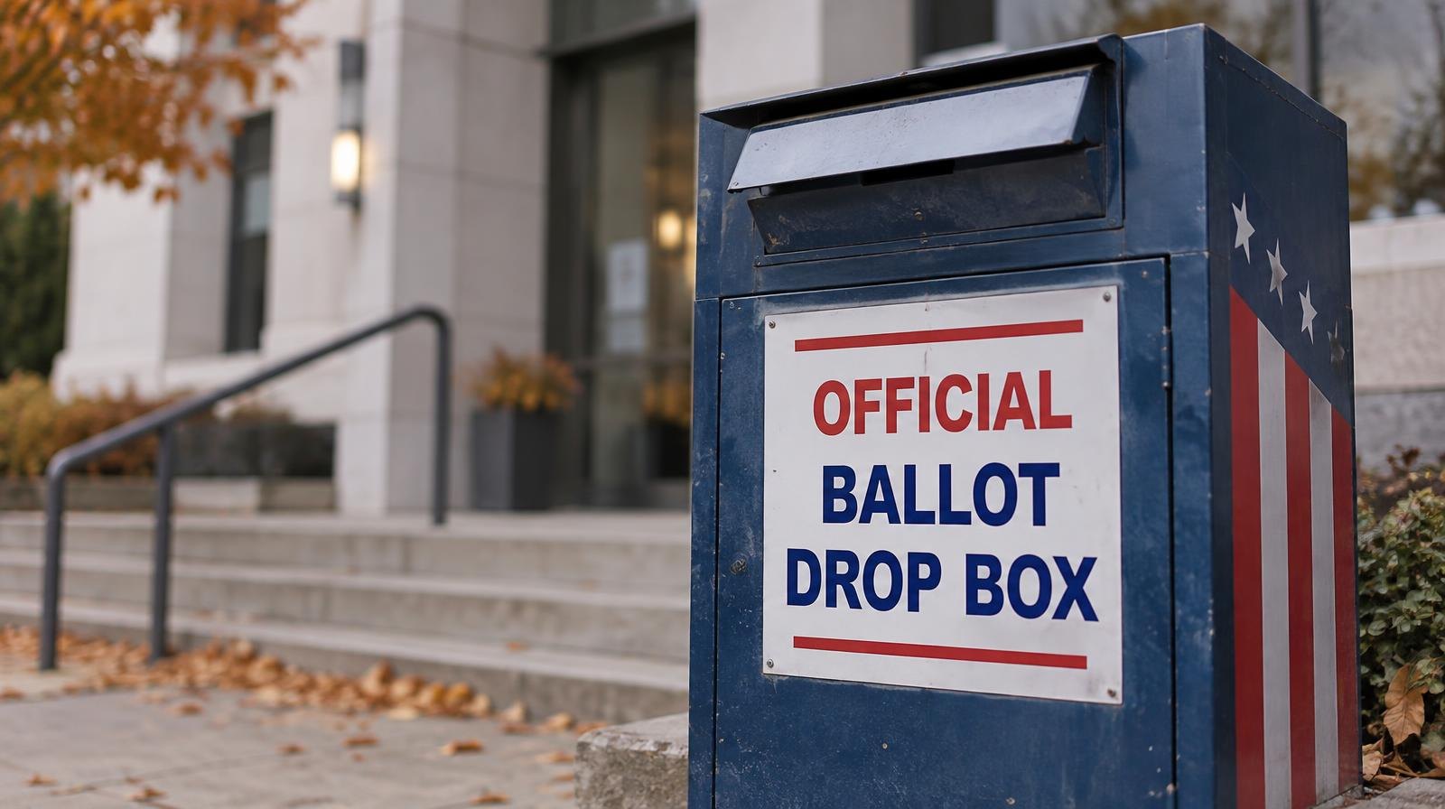 A ballot drop box mounted on the exterior wall of a government building on an overcast day.