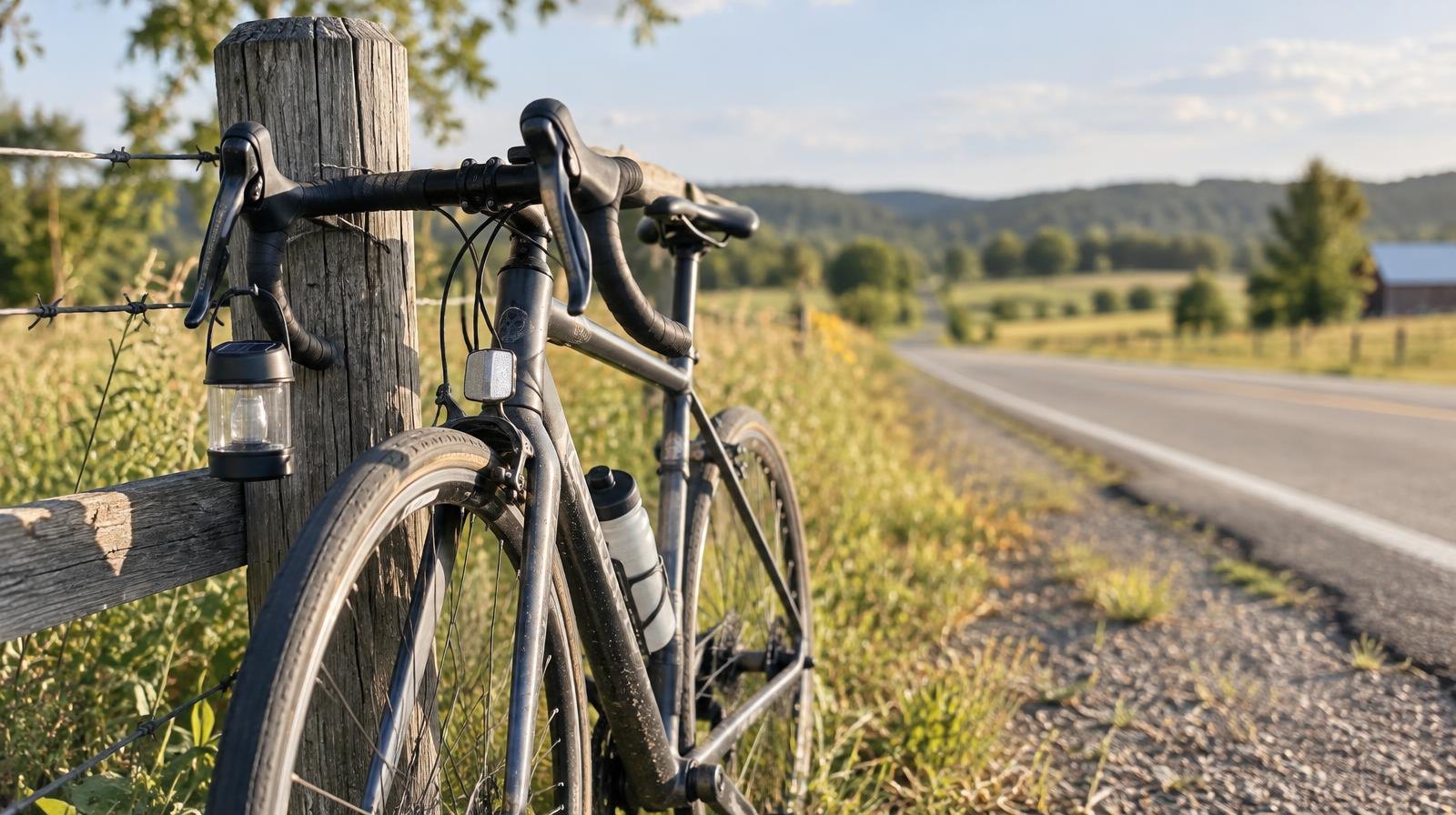 A road bicycle leaning against a wooden fence post beside a rural road.
