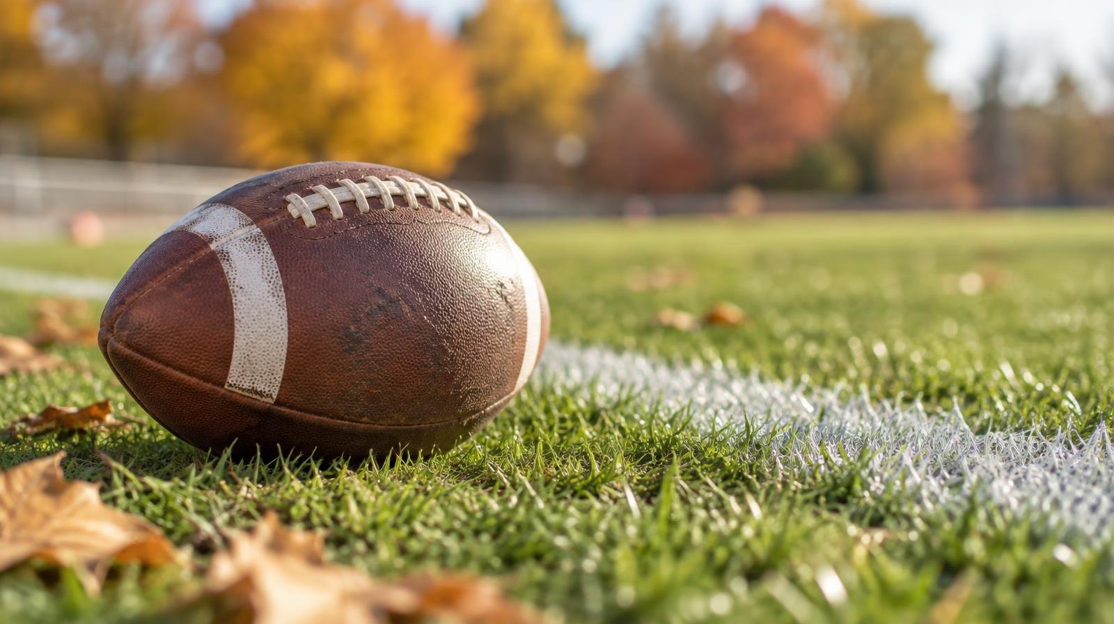 A football resting on green grass beside a white yard line.