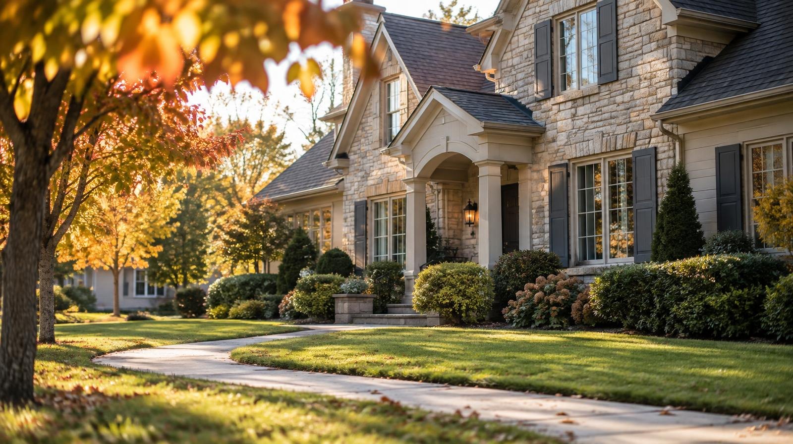 Large stone-facade home with manicured lawn and autumn trees on a suburban street.