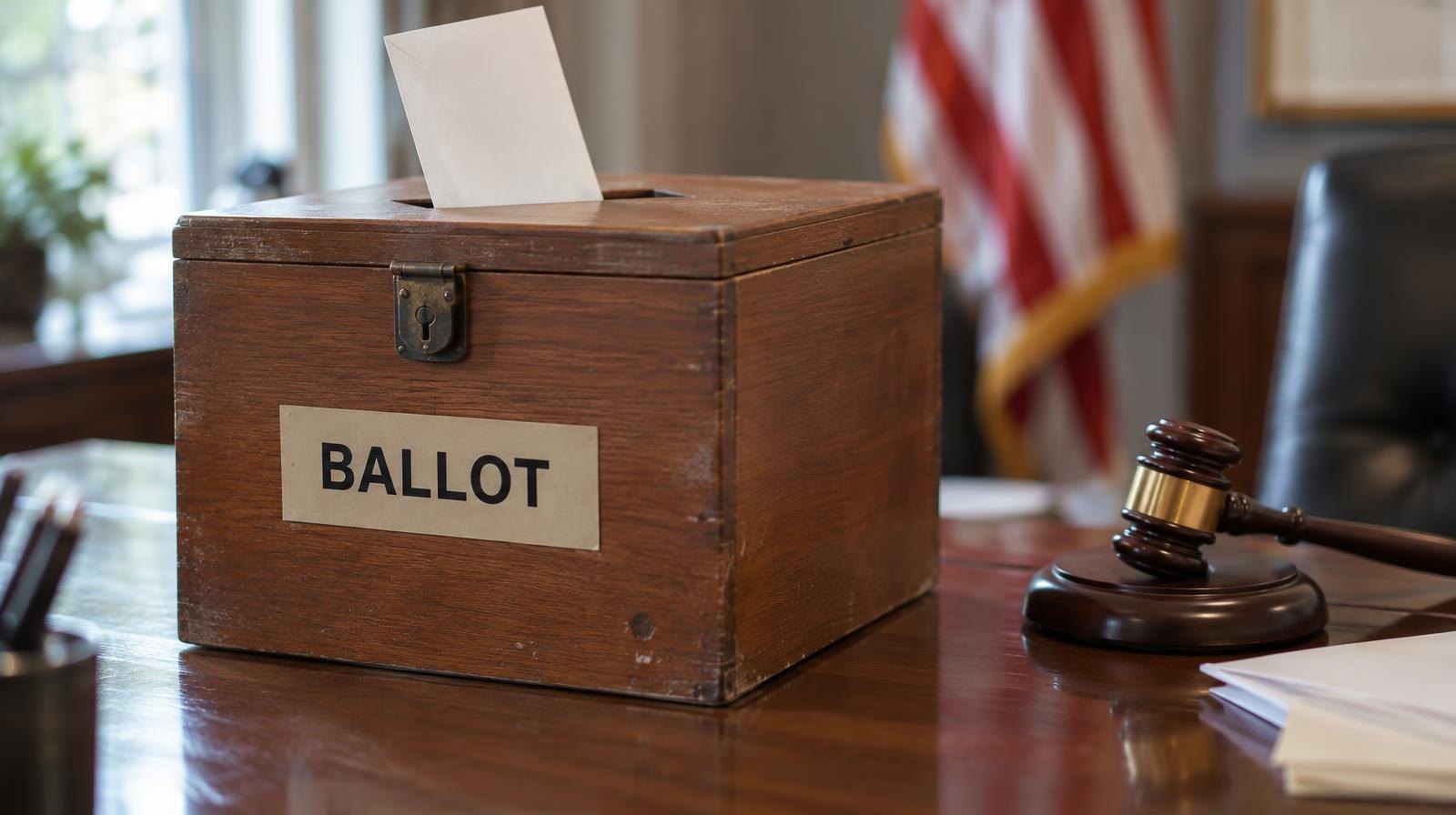A wooden ballot box and gavel resting on a polished wooden desk.