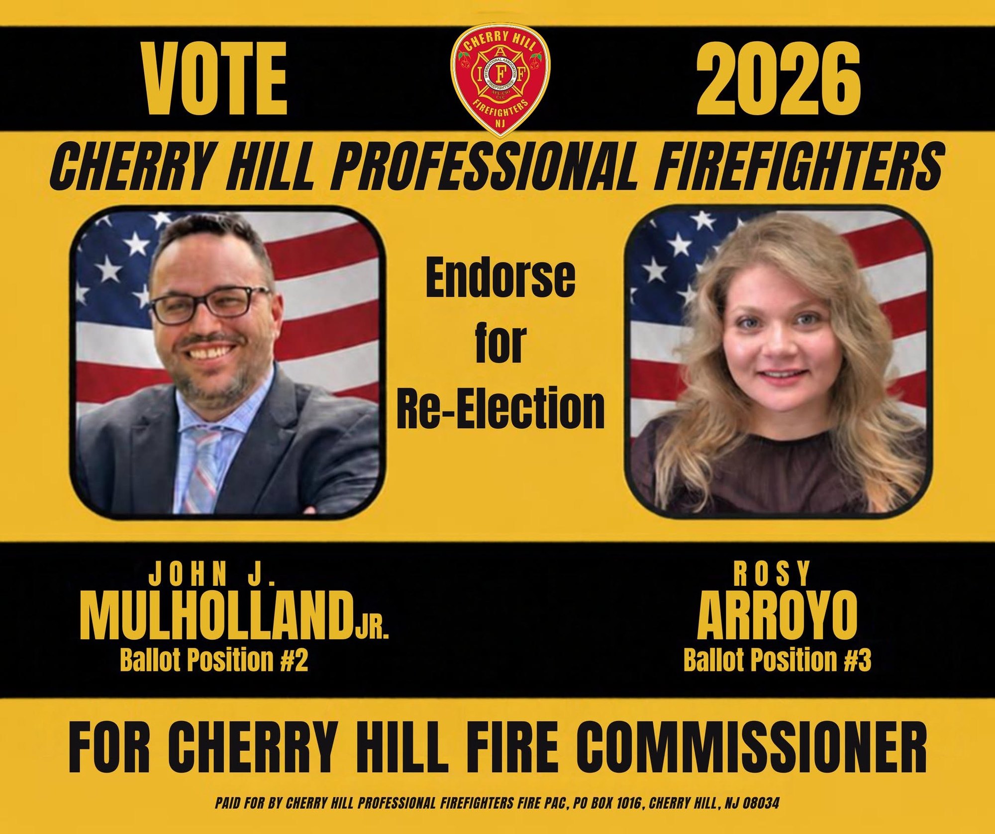 Campaign endorsement flyer showing two candidates for fire commissioner with American flag backgrounds.