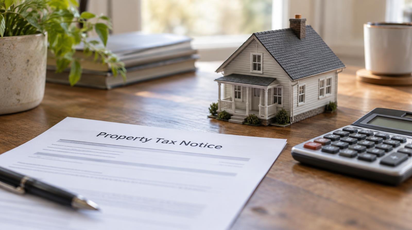 Small model house and calculator beside a tax document on a wooden desk.