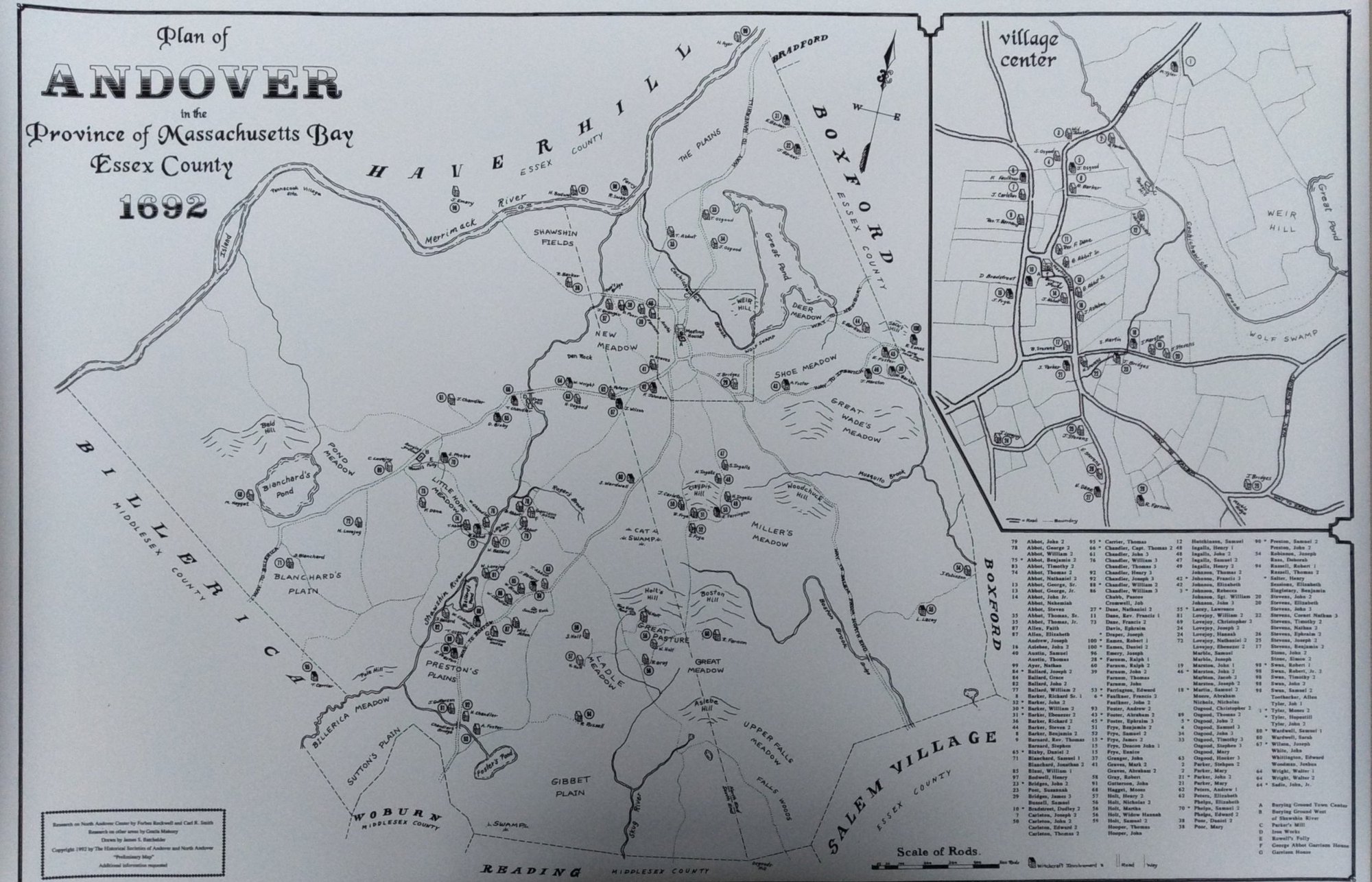Black-and-white historical map of Andover, Massachusetts, dated 1692, with an inset of the village center.