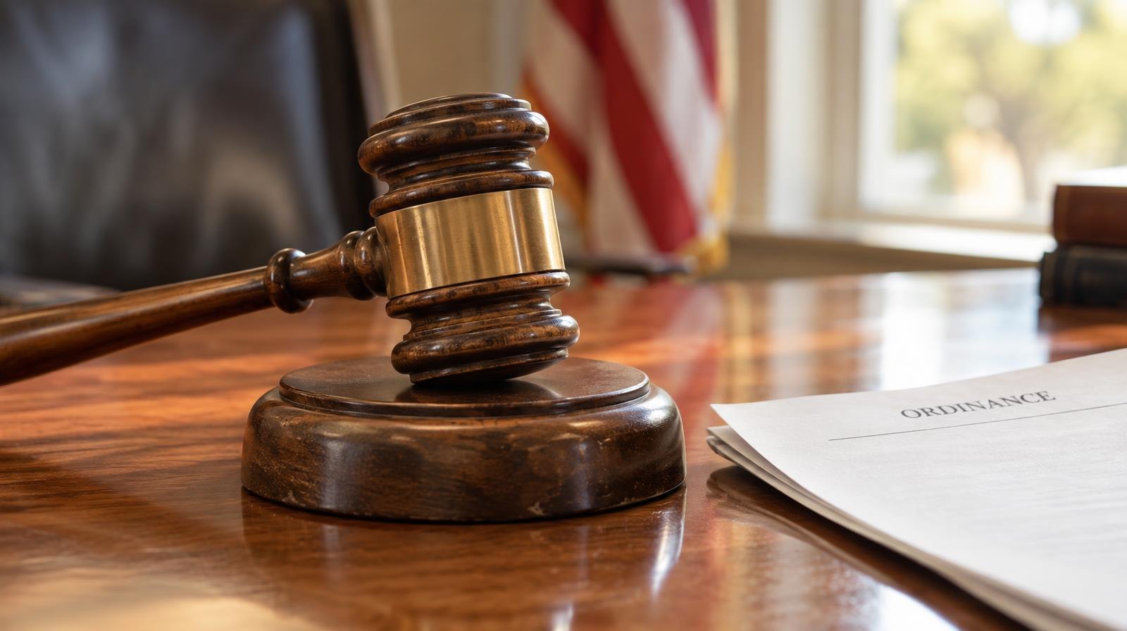 Wooden gavel on its sound block next to a folded document on a table.