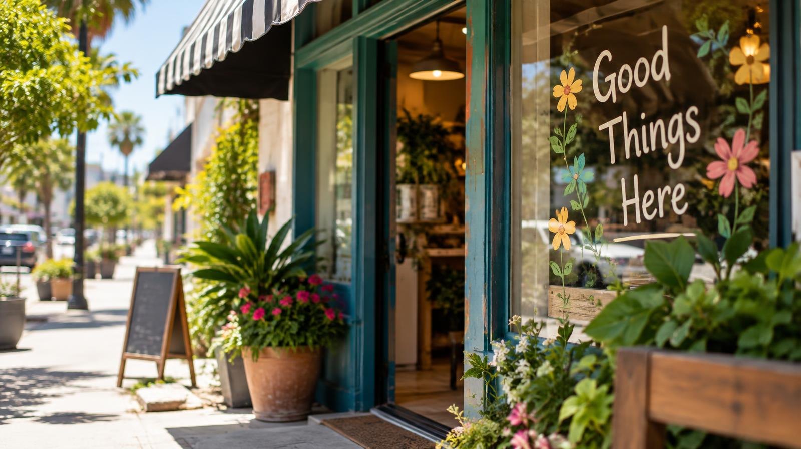 Colorful storefront with awning and potted plants on a sunny urban street.