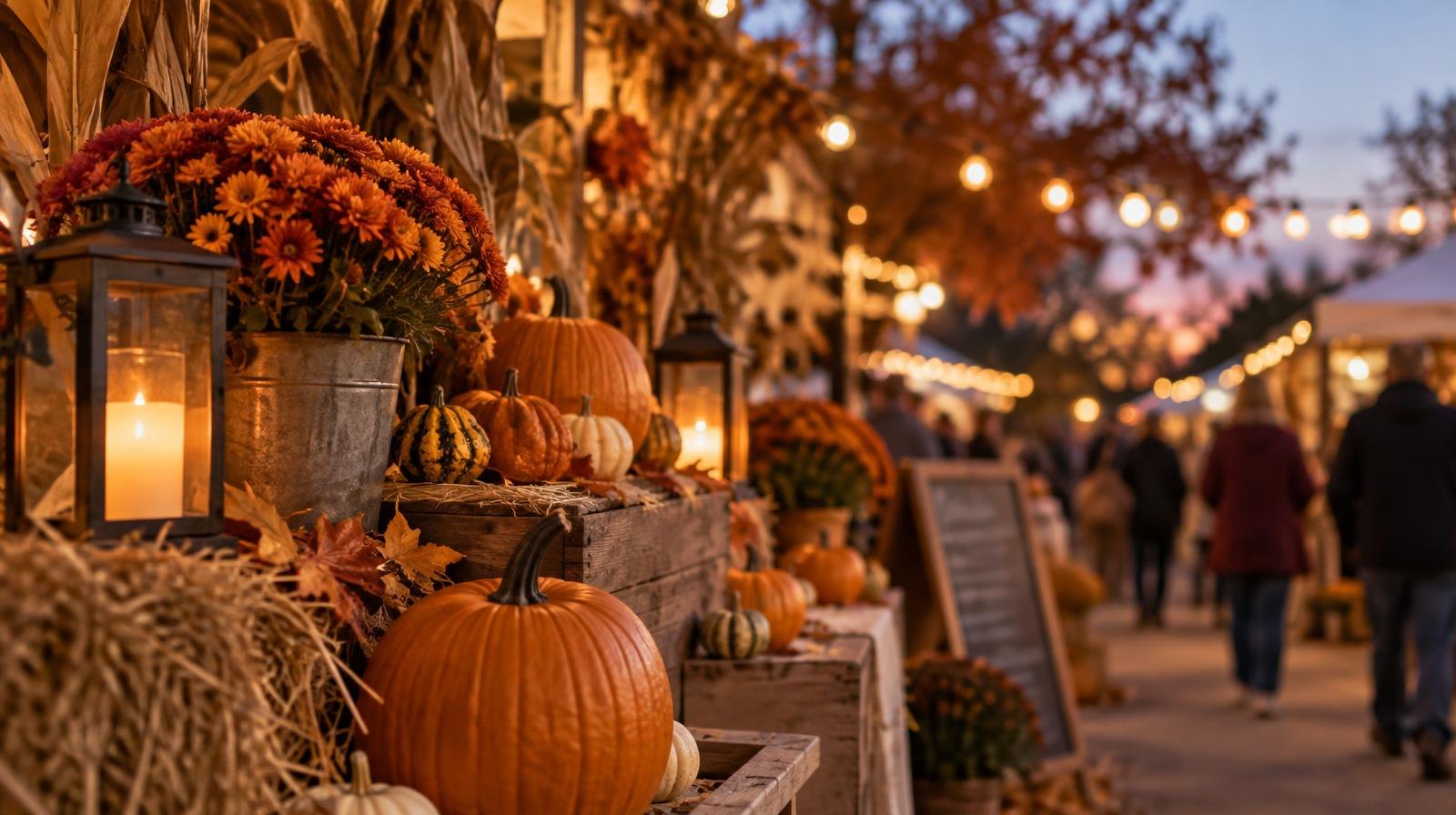 Outdoor market booths decorated with pumpkins and string lights at dusk.