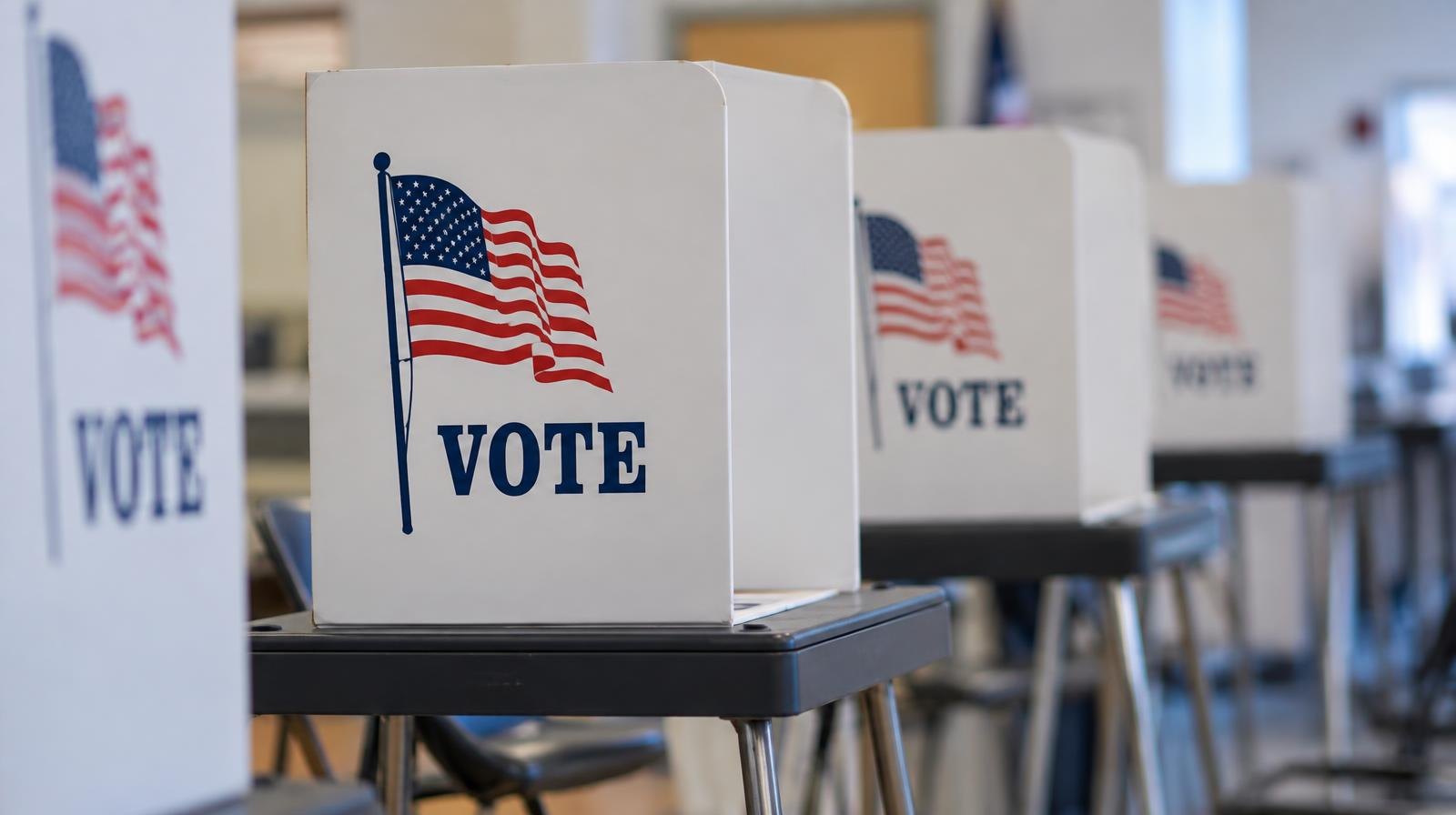 A row of voting booths with privacy screens inside a polling place.