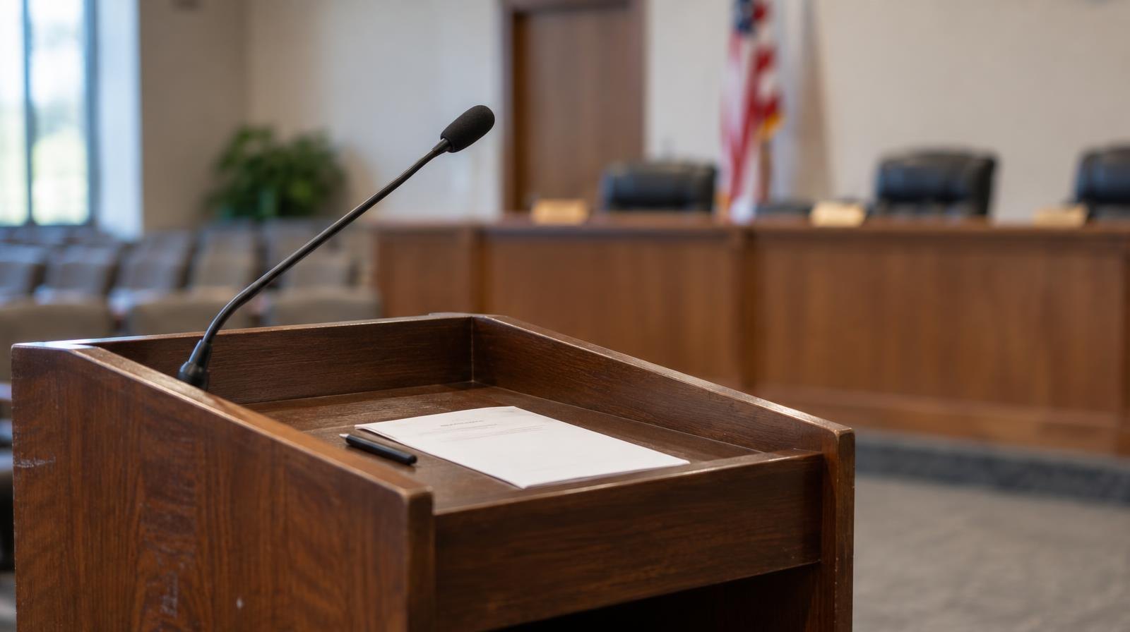Wooden podium with a microphone in an empty government meeting room.