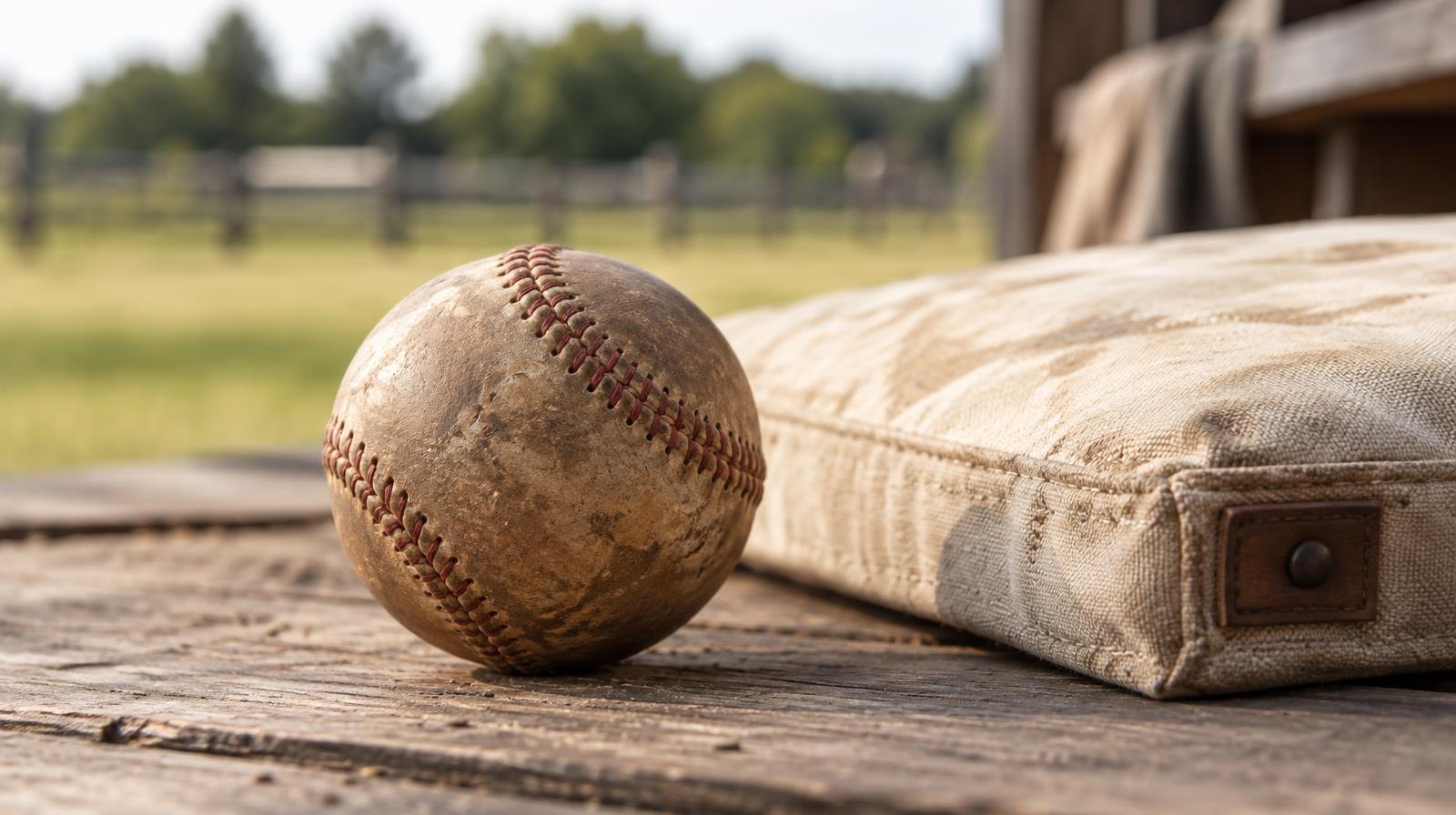 A worn leather baseball resting on a rustic wooden plank outdoors.