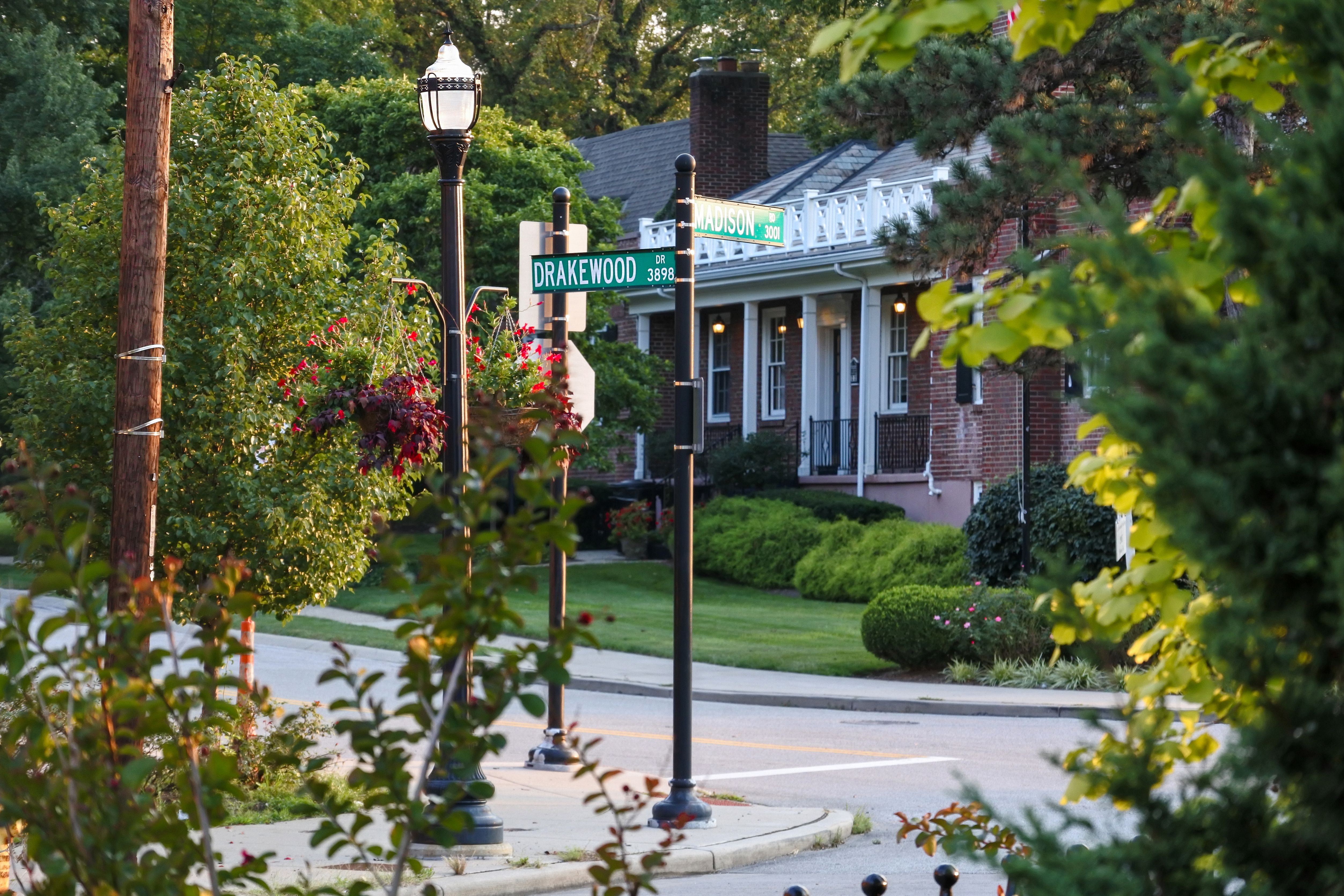 Tree-lined residential street with a brick house, lamp post, and hanging flower baskets.