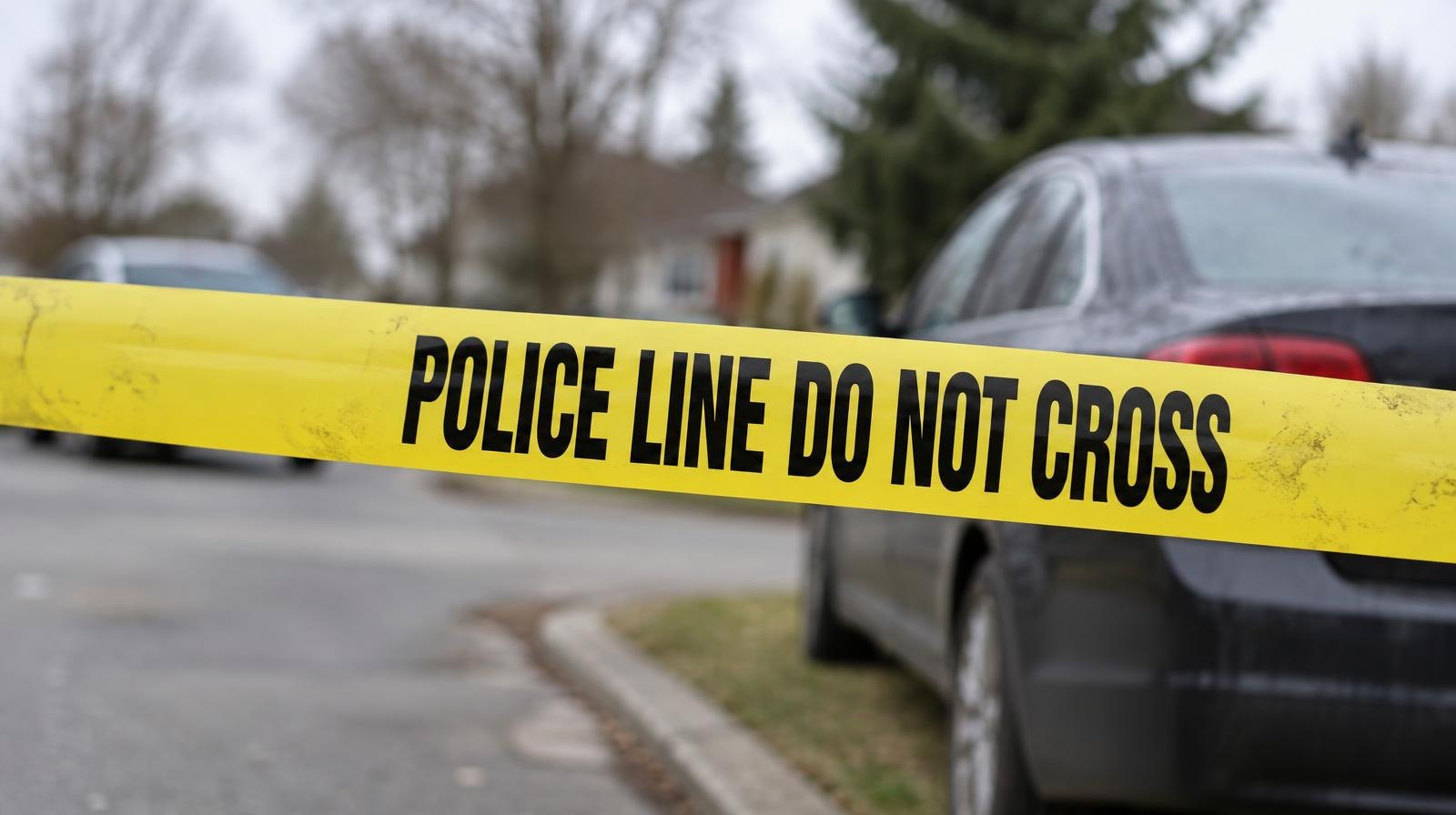 Yellow police crime scene tape stretched across an outdoor area near a parked car.
