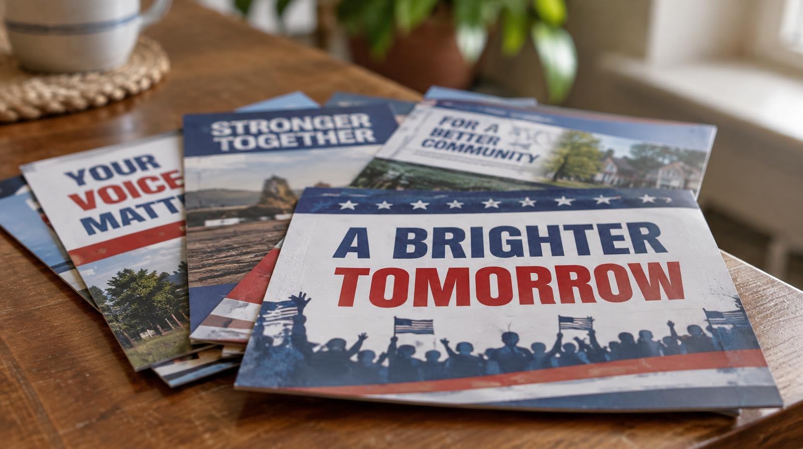Colorful political campaign mailers fanned out on a wooden surface.