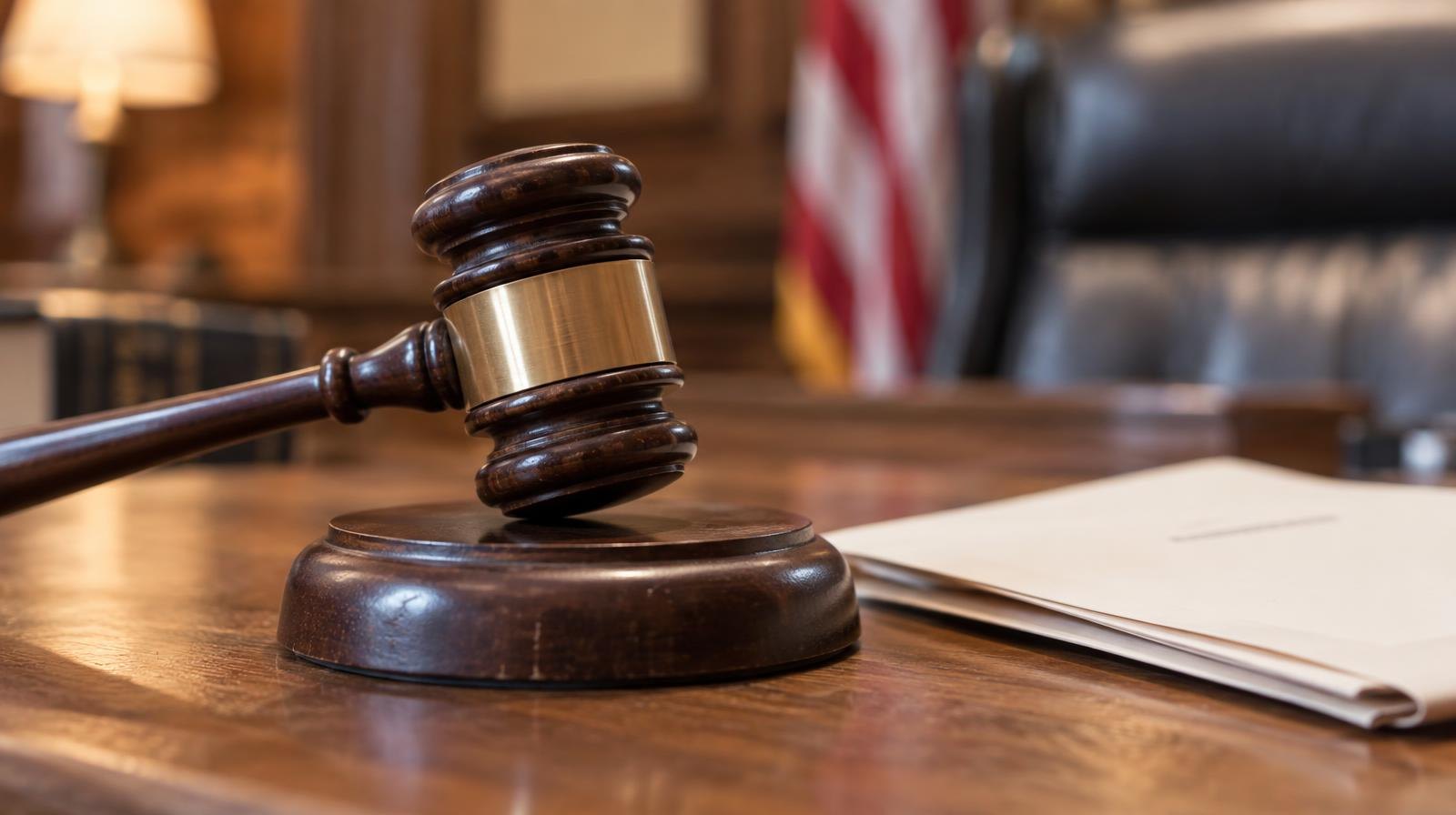 Wooden gavel on its sound block next to a folded document on a desk.
