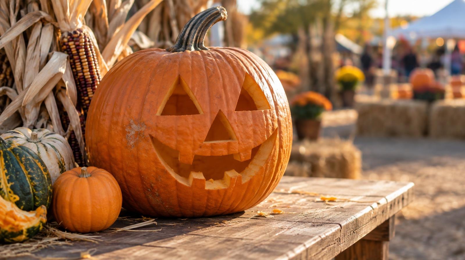 Carved jack-o'-lantern pumpkin beside autumn gourds on a wooden table.