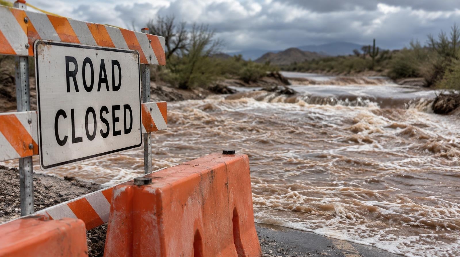 Brown floodwater rushing over a road at a low-water crossing with orange barricades.