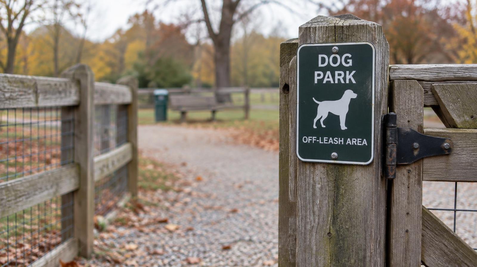 Wooden gate and fence at the entrance to a dog off-leash park area.