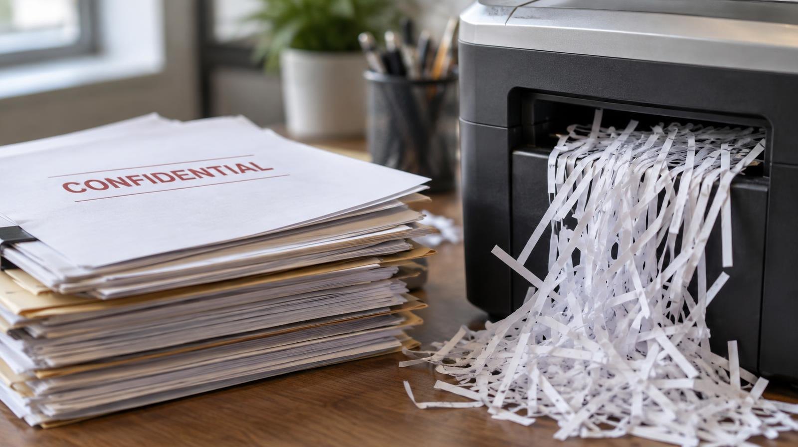 Stack of papers next to an industrial shredder with shredded strips visible.