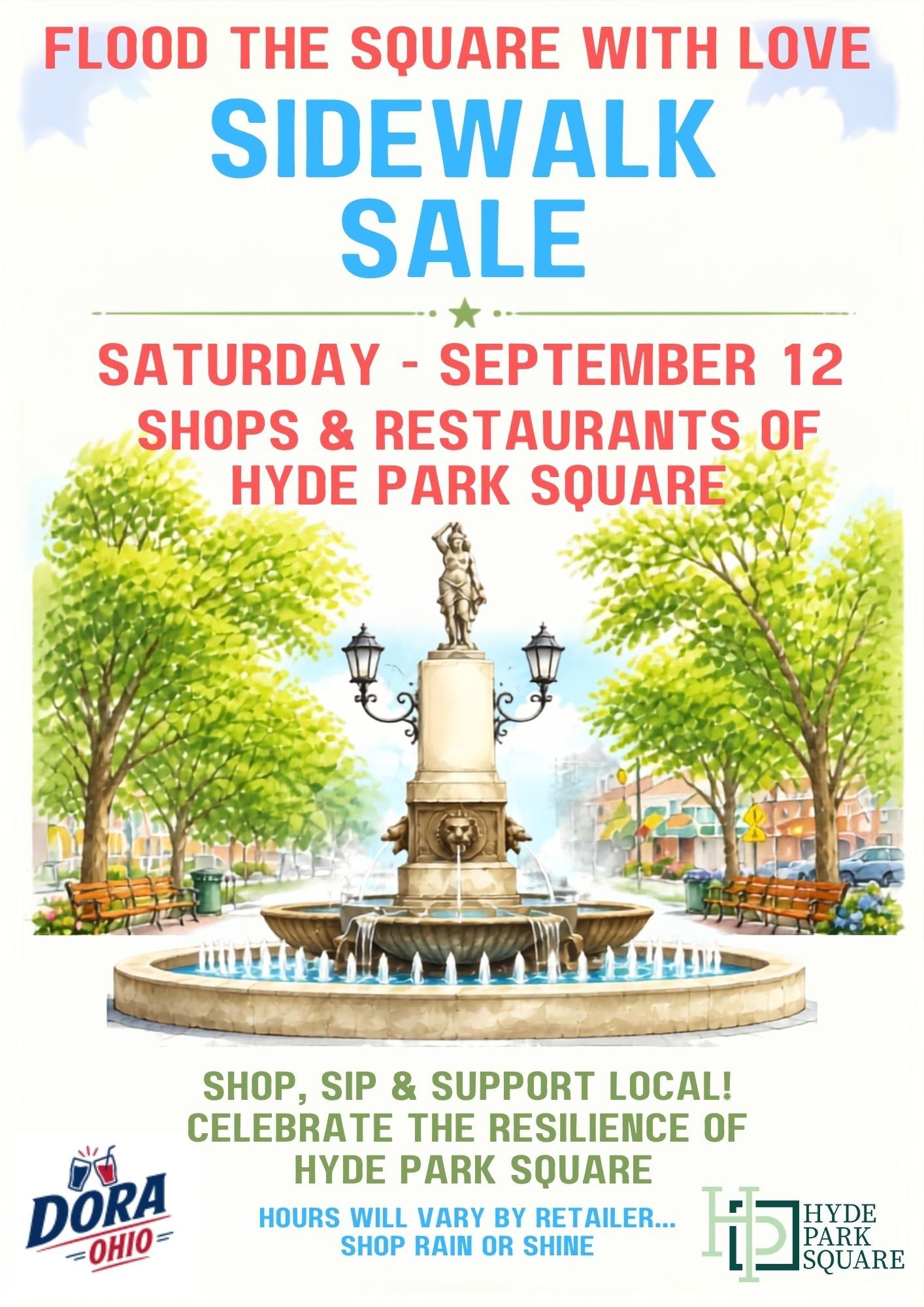 Event flyer with watercolor fountain illustration announcing a sidewalk sale on September 12.