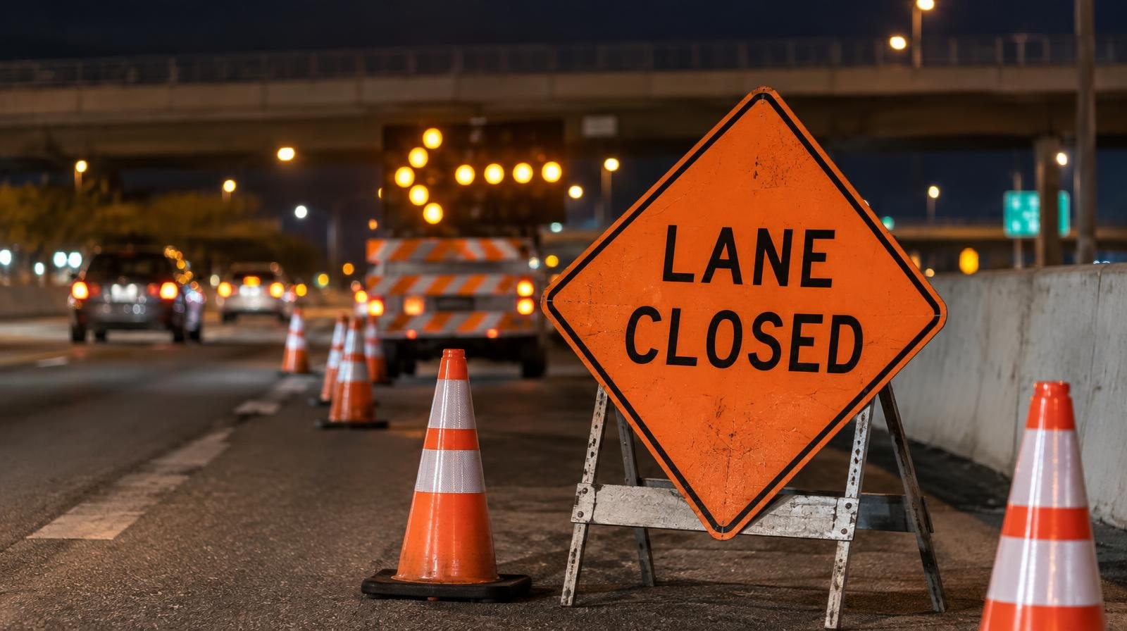 Orange road closure signs and traffic cones blocking a highway lane at night.