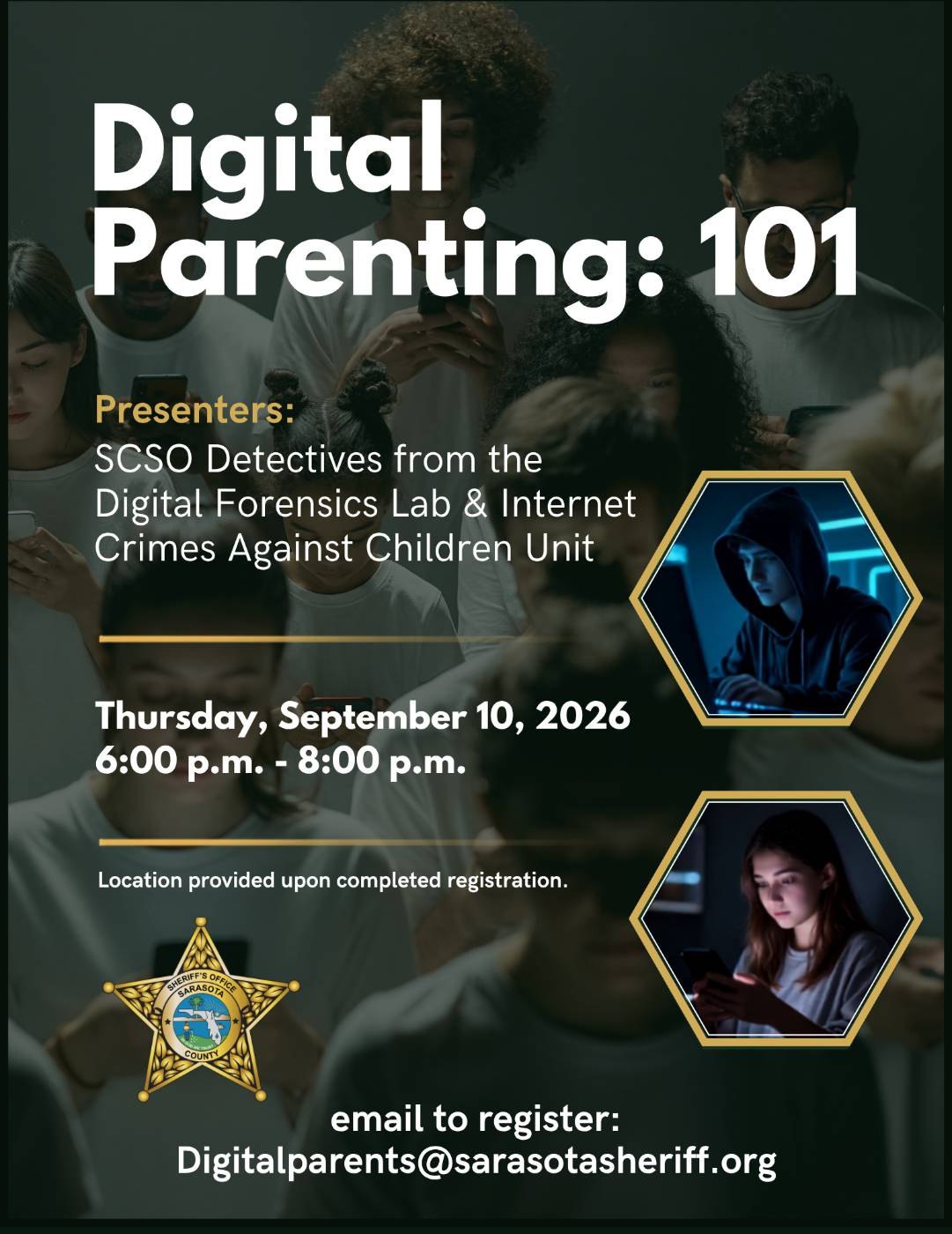 Event flyer for Digital Parenting 101 seminar featuring the Sarasota County Sheriff's Office badge.