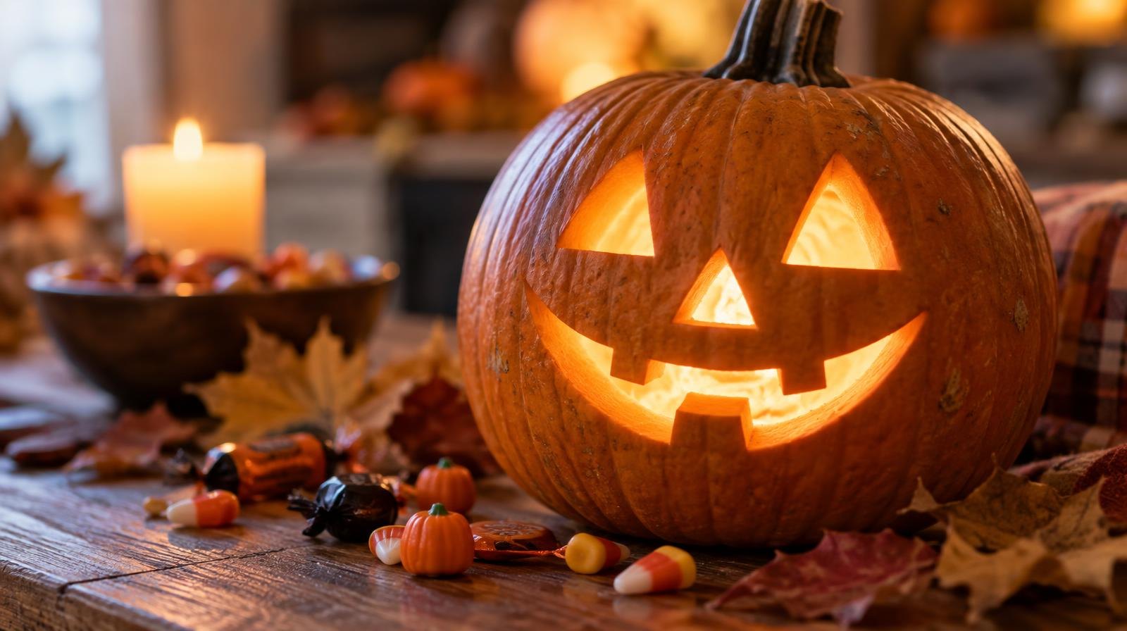 A glowing carved pumpkin surrounded by candy and autumn leaves on a wooden surface.