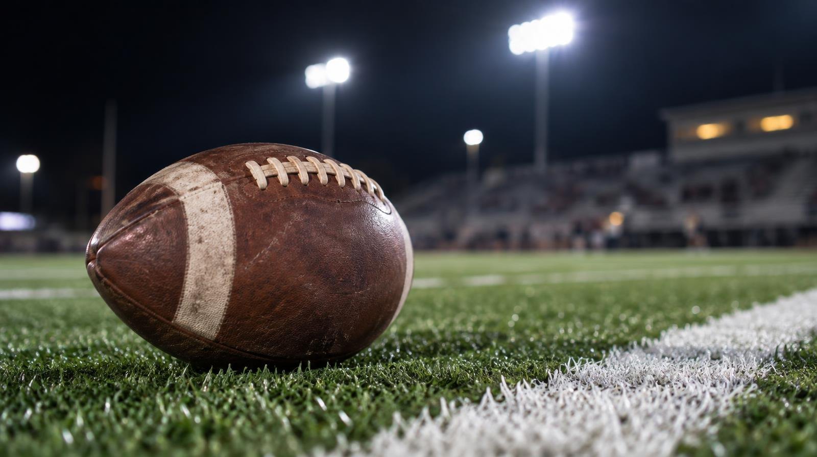 An American football on green artificial turf beside a white yard line under stadium lights at night.
