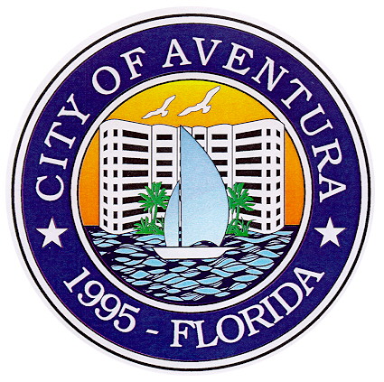 Circular seal of the City of Aventura, Florida, with sailboat and skyline.