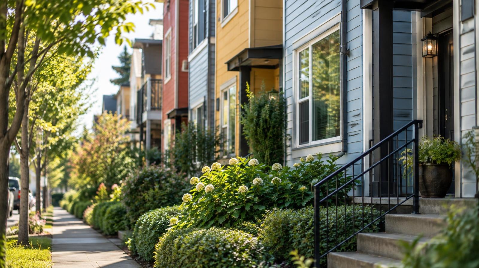 Colorful apartment buildings and townhomes lining a tree-lined urban street on a sunny day.