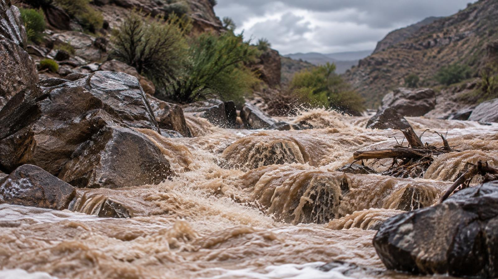 Muddy brown water rushing over boulders through a rocky desert canyon under stormy skies.