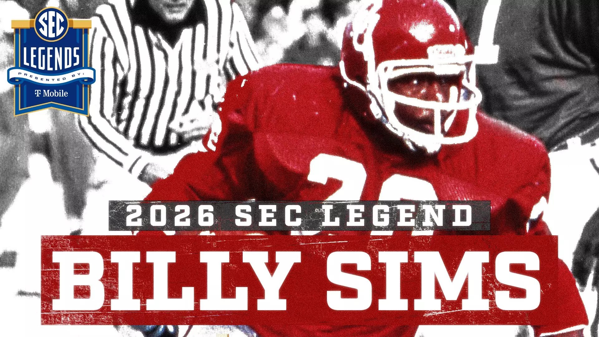 Promotional graphic showing a football player in a red jersey with the text 2026 SEC Legend Billy Sims.