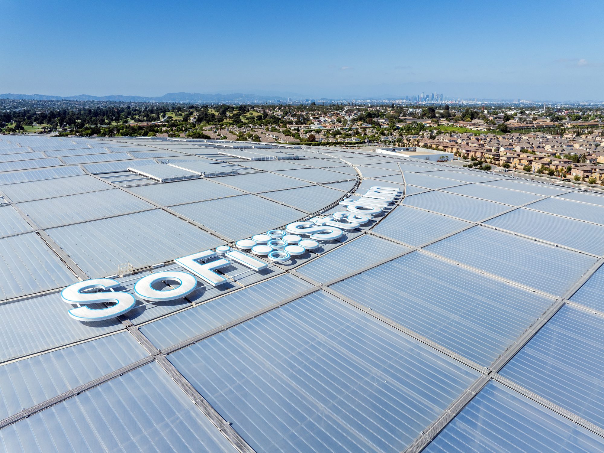 Aerial View of the SoFi Stadium in Los Angeles.  Roof of the stadium
