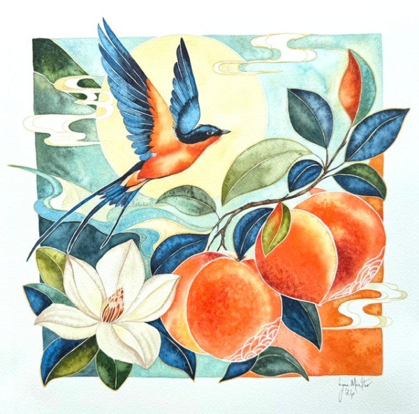 Watercolor painting of a bird in flight with peaches, magnolia flower, and green leaves against a pale sun.