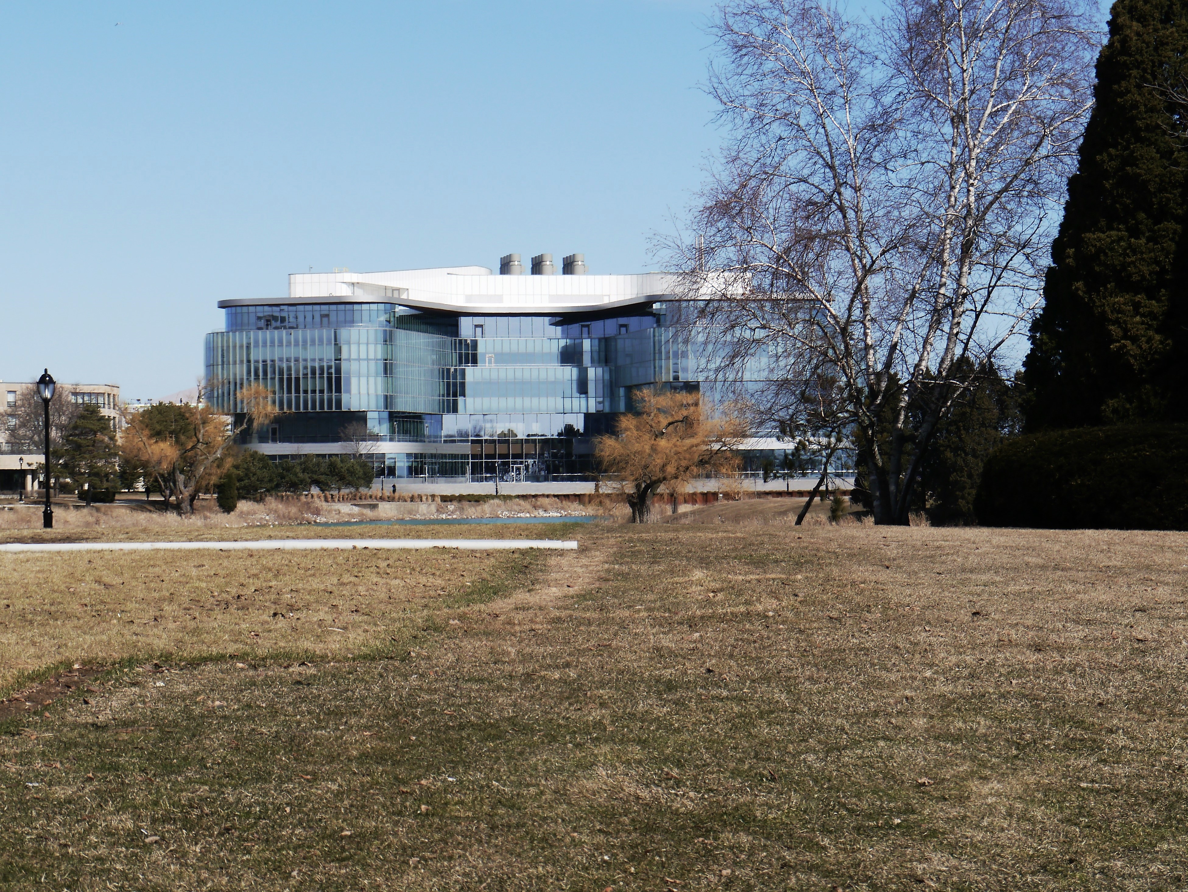 Modern glass-and-white Kellogg Global Hub building viewed across a lawn with bare trees.