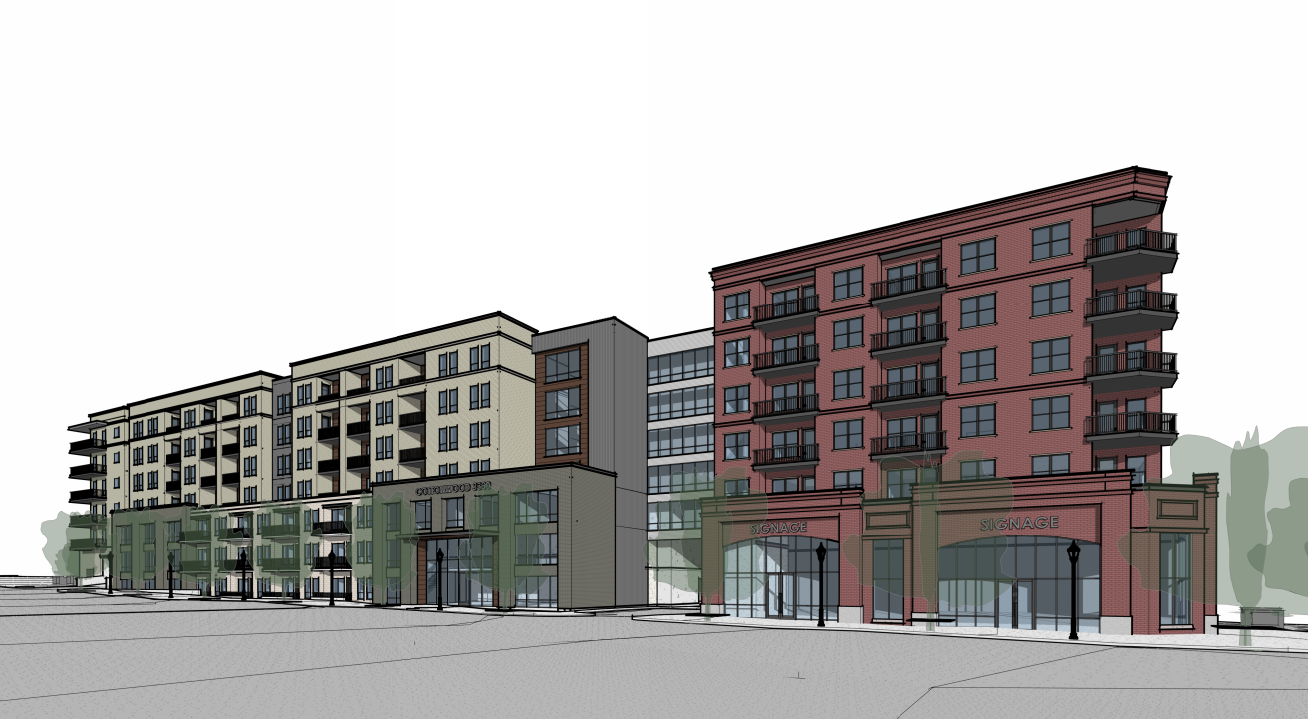 Architectural rendering of a seven-story mixed-use apartment building with brick and beige facades and ground-floor storefronts.
