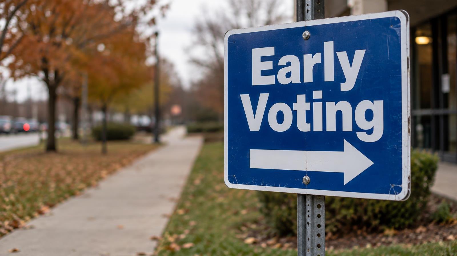 Blue and white early voting sign on a metal post beside a sidewalk.