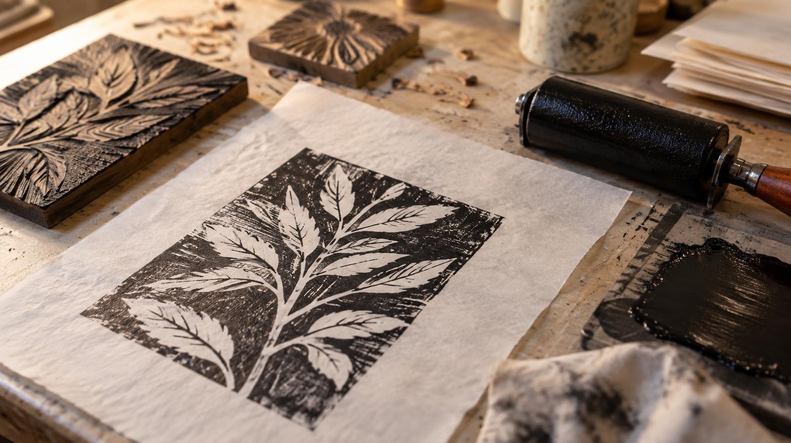 Carved linoleum blocks, a brayer roller, and ink arranged on a printmaker's worktable.