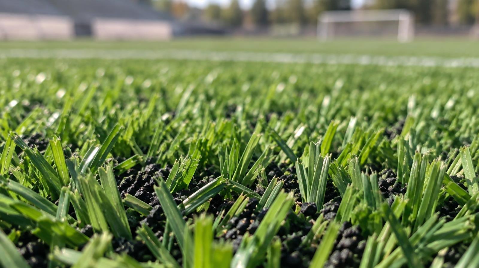 Close-up of bright green synthetic turf blades with black rubber infill.