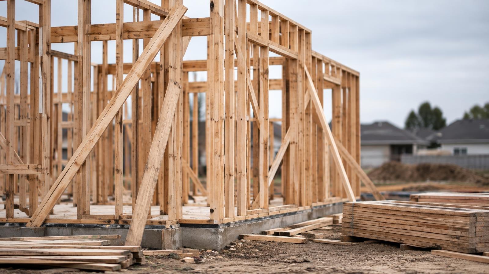 Unfinished wooden house frame on a bare dirt lot with scattered construction materials.