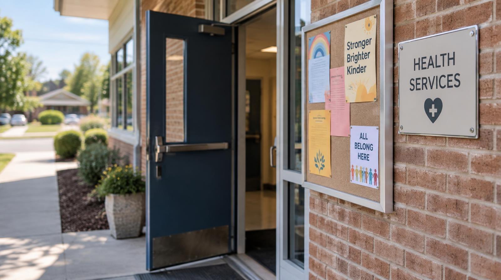 School entrance with an open door, a bulletin board with colorful flyers, and a health services sign on the wall.