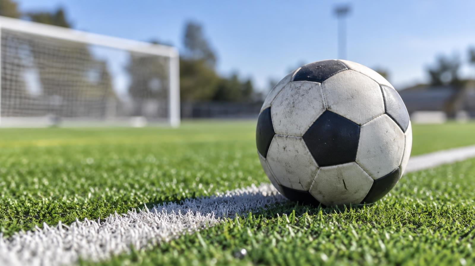 Black-and-white soccer ball on green artificial turf near a white sideline.