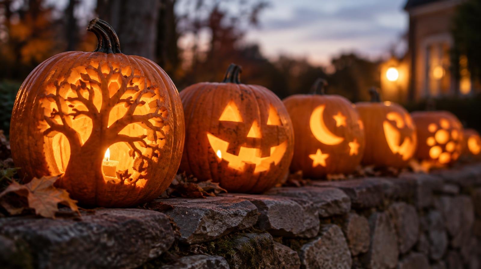 Rows of glowing carved jack-o-lanterns on a rustic stone wall at dusk.